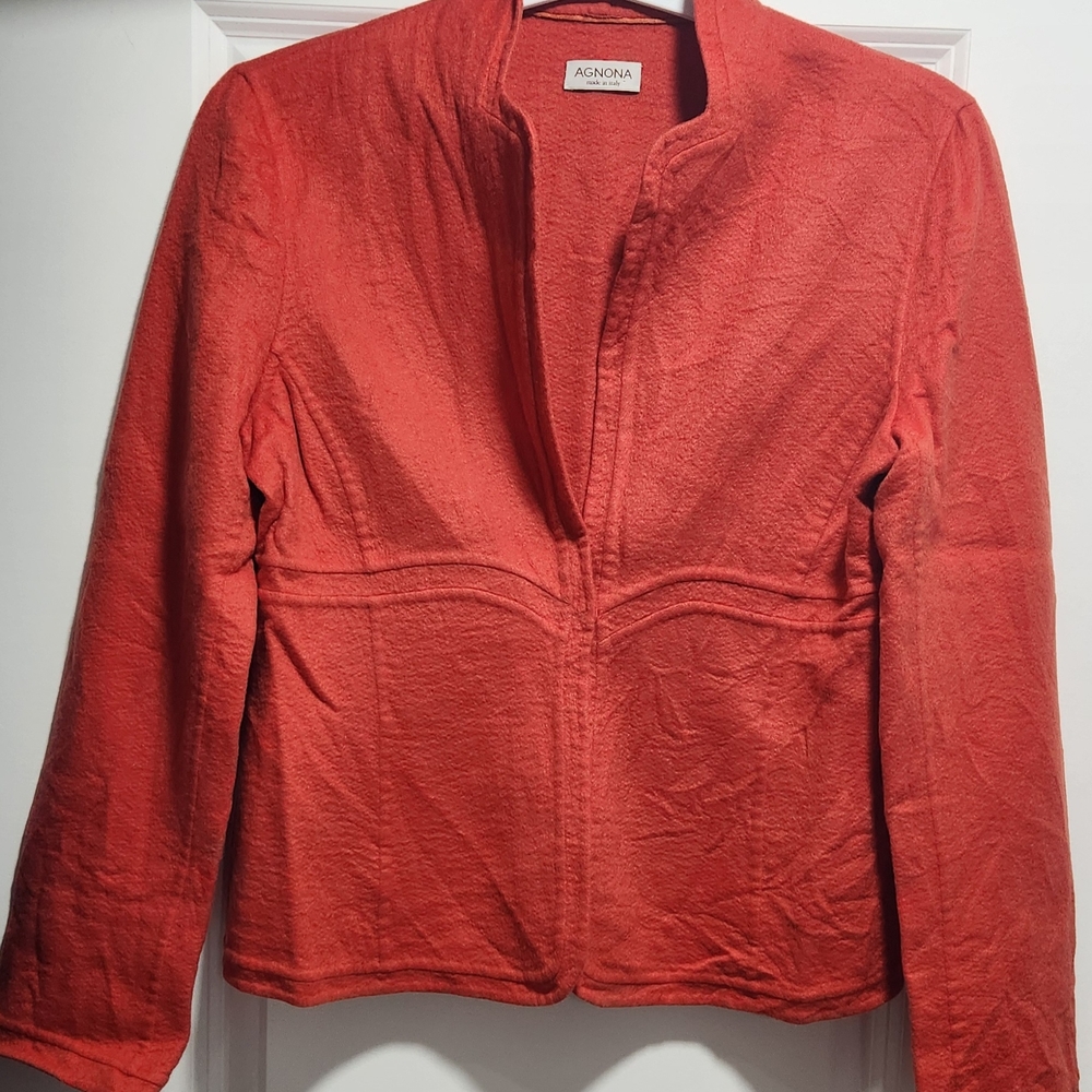 Agnona Italian Jacket Blazer, Stand-Up Collar & Tailored Fit. Red-Orange Size 46